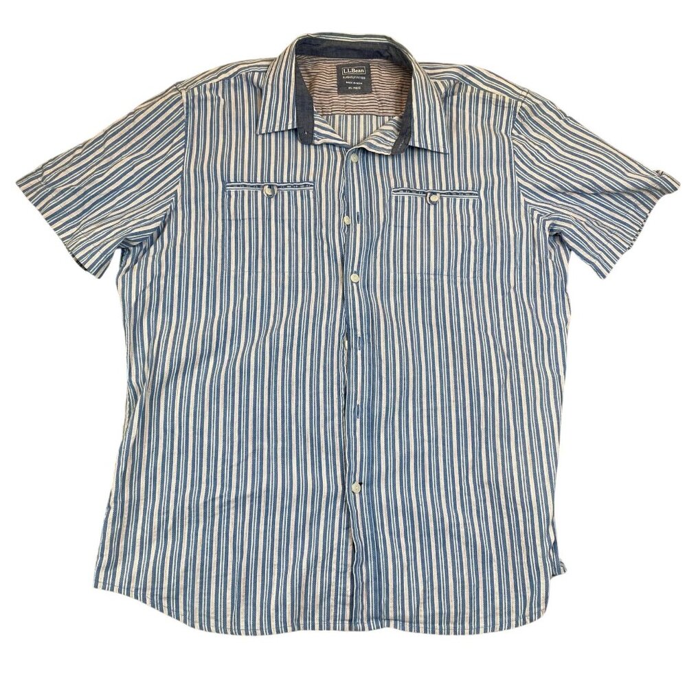 L.L. Bean Mens Shirt XL Blue Striped Short Sleeve Button-Down Slightly Fitted XL